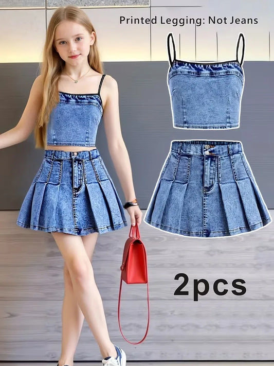 Girls 2-Piece "Faux"  Denim Outfit – Denim Print Cami Crop Top & Pleated Mini Skirt Set (Non-Denim Fabric)