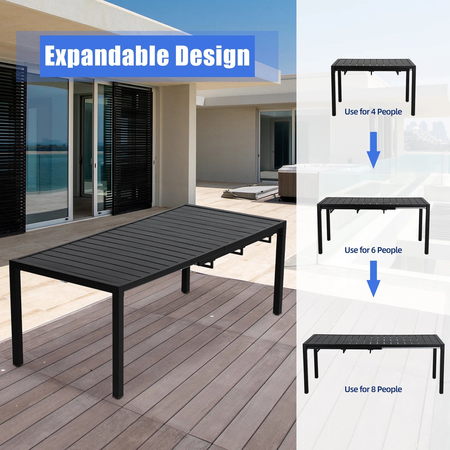 9-Piece Outdoor Dining Set,  Extendable Table & 8 Blue Foam Padded Textilene Swivel Chairs for Patio Garden Poolside. What a outdoor Sit-Down Celebration!!!