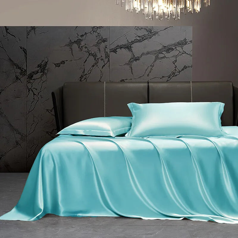 Solid 4pcs Silk Bedding Set with Duvet Cover,  Fitted/Flat Bed Sheet,  Pillowcase,  Bedspread and Coverlet,  Single / Double Bedsheet