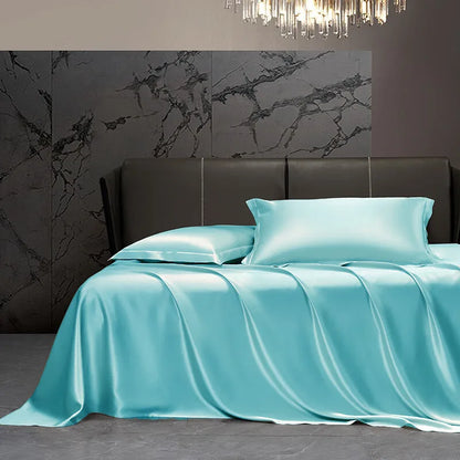 Solid 4pcs Silk Bedding Set with Duvet Cover,  Fitted/Flat Bed Sheet,  Pillowcase,  Bedspread and Coverlet,  Single / Double Bedsheet