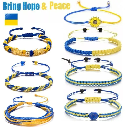 Handmade Blue & Yellow Ukraine Country Peace Love Woven Bracelet Leather Women/ Men Jewelry Gift, Adjustable