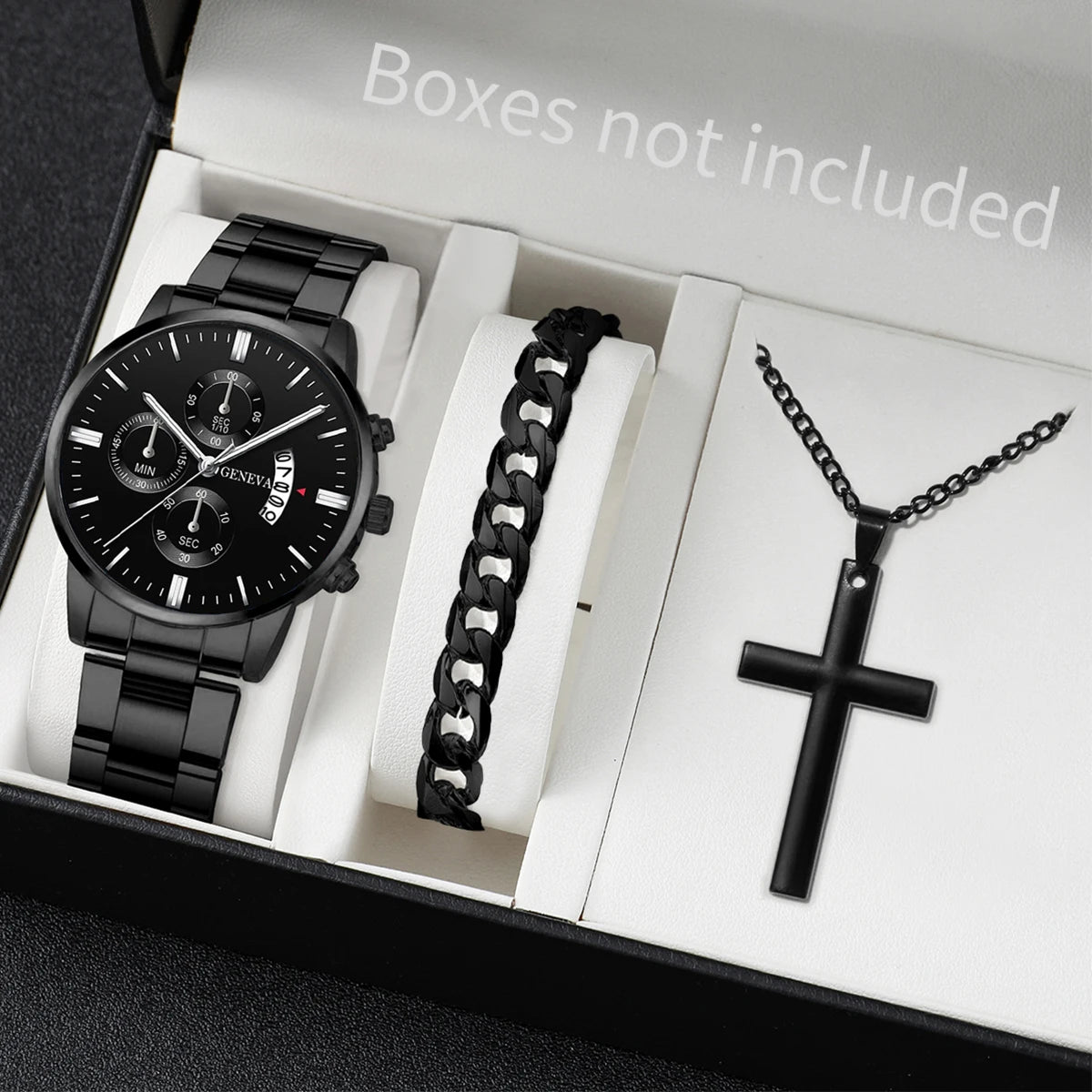 3PCS/Set Fashion Men's Stainless Steel Band Watch,  Casual,  Calendar Quartz Watch Jewelry Set（Without Box）Both Colors are Available