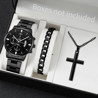 3PCS/Set Fashion Men's Stainless Steel Band Watch,  Casual,  Calendar Quartz Watch Jewelry Set（Without Box）Both Colors are Available
