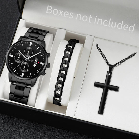 3PCS/Set Fashion Men's Stainless Steel Band Watch,  Casual,  Calendar Quartz Watch Jewelry Set（Without Box）Both Colors are Available