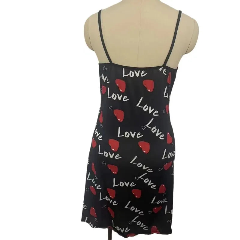 Lace Edge V-Neck Sling Side Split Sleepwear.   Women's Printed Love Letter in  Black.