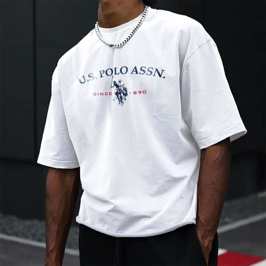 Simple Style Men's Cotton T-shirt  with Polo Letters of Graphic Printing.  Casual Round Neck Men's Short-sleeved Top.  Free Shipping