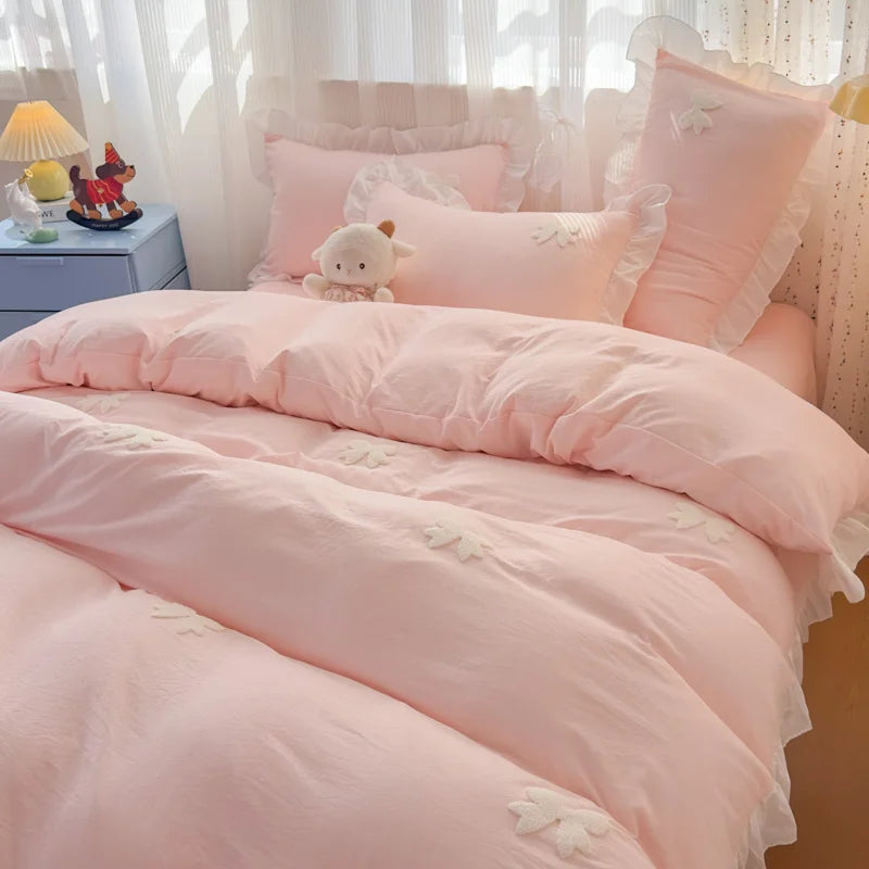3 Piece Sheet Set  pink bowknot embroidery Quilt Set ， comfortable embroidery  Bedding Set Bedspread for All Season