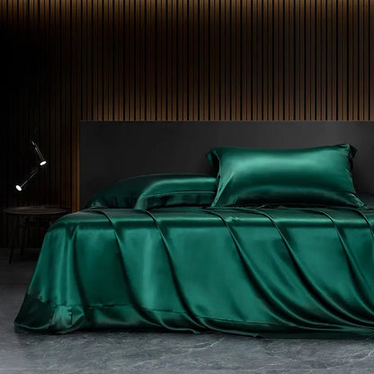 Solid 4pcs Silk Bedding Set with Duvet Cover,  Fitted/Flat Bed Sheet,  Pillowcase,  Bedspread and Coverlet,  Single / Double Bedsheet