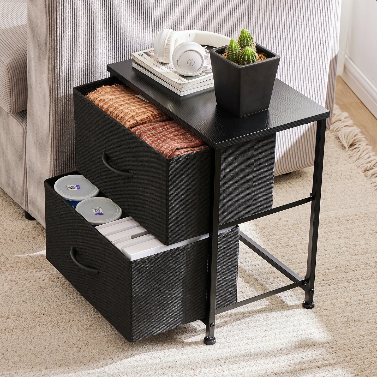 Bedside Nightstand  for Coffee,Tea. Table Storage  for Closet,  2 Fabric Drawers.