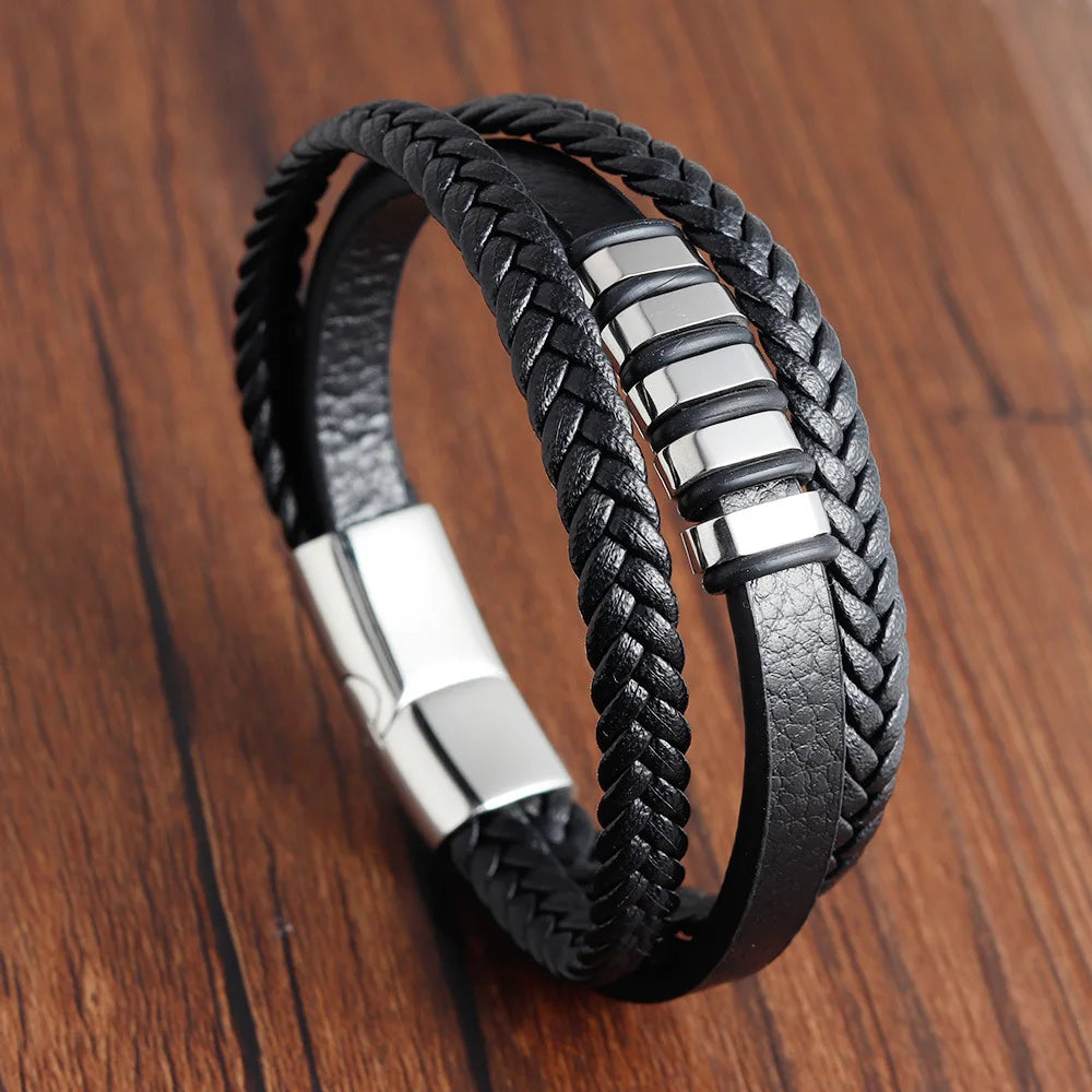 Braid Rope Bracelet For Men.   Stainless Steel, Magnetic Buckle,   Genuine Leather Bracelets & Bangles Male /Female Jewelry