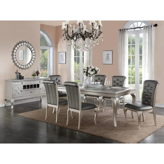 7pc Rect. Glass Dining Table Set w/ Silver Hue & 6 Tufted Side Chairs for Dining Room