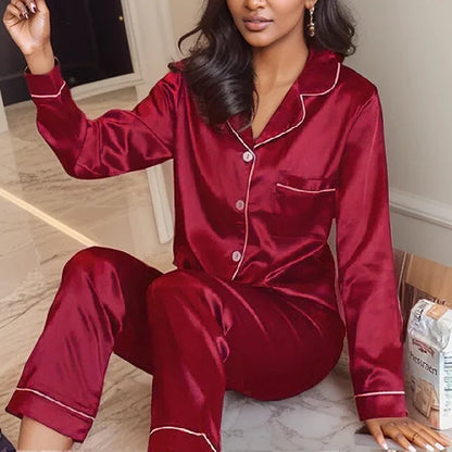 Plus Size Fall and Winter Silk Satin Women Pajamas Set Button down Top & Trousers 2 PCS Set Sleepwear Solid Nightwear Loungewear