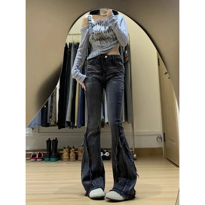 Retro American High Waist,  Slimming  and Stretchy Denim Jeans  for Women/Girls. Flared Bell Bottoms with Frayed Edges