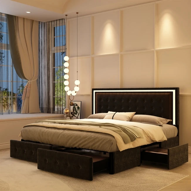Queen LED Bed Frame with 4 Storage Drawers, Headboard, PU Upholstered, No Box Spring Needed, 900 lbs Support