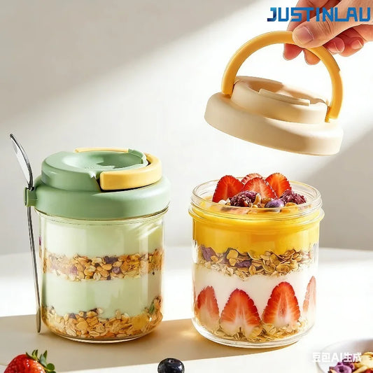 8.5 cm or 12.5 cm, Portable Salad Cup with Stainless Steel Spoon, Thick Glass Breakfast Cup Sealed for Students Breakfast