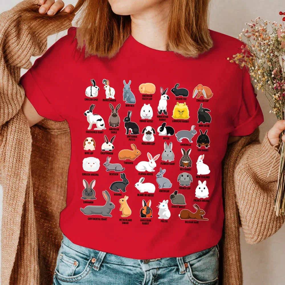 Bunny Summer Women's T-shirt,  Types of Rabbits , Print Tops,  Short-sleeved Casual Ladies Tees, O-neck