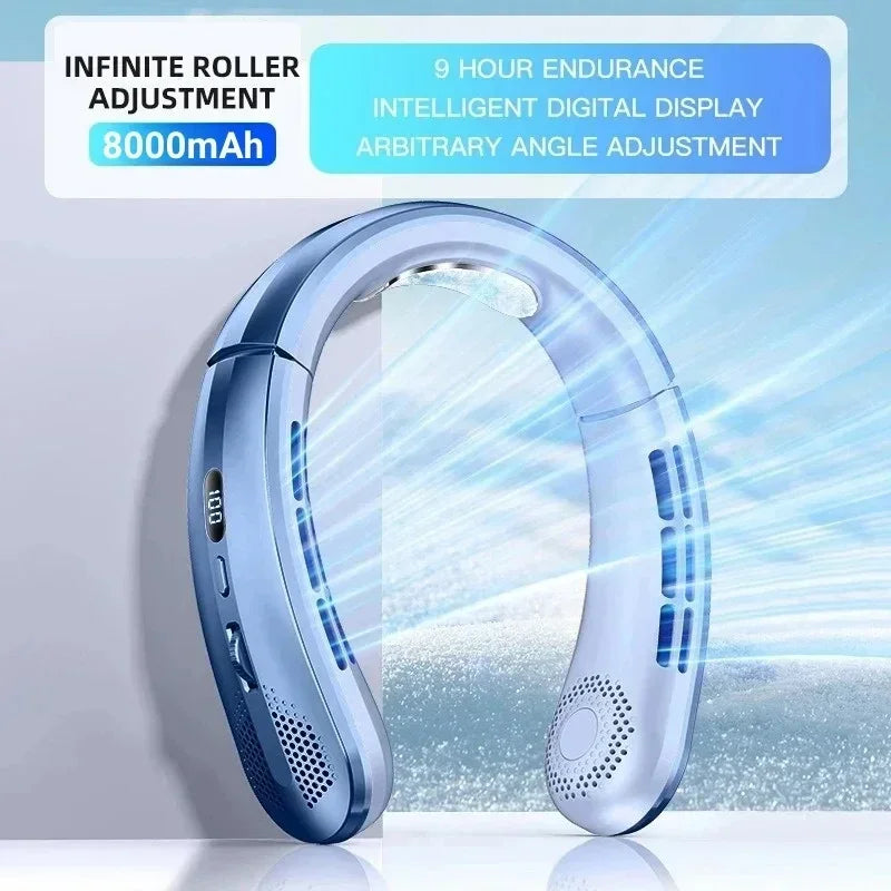 8000mAh USB Hanging Neck Fan Portable, Bladeless,  Mini Rechargeable Mute LED Digital Display, Electric Air Cooler.  Low stock on 1 blue style.  Others have good numbers in stock