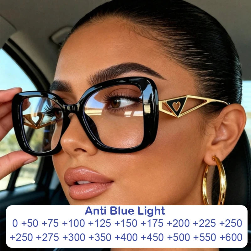 Luxury Brand,  Oversized, Square Reading Glasses  for Women  with Triangle heart on the temple.  Blue-Light Blocking, Clear Computer Glasses