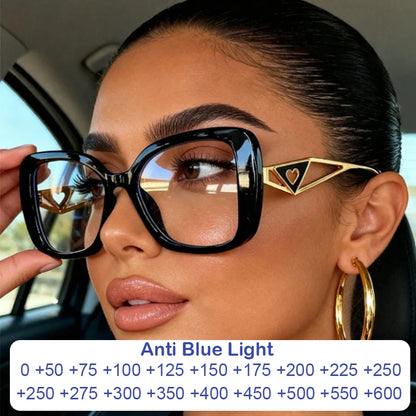 Luxury Brand,  Oversized, Square Reading Glasses  for Women  with Triangle heart on the temple.  Blue-Light Blocking, Clear Computer Glasses