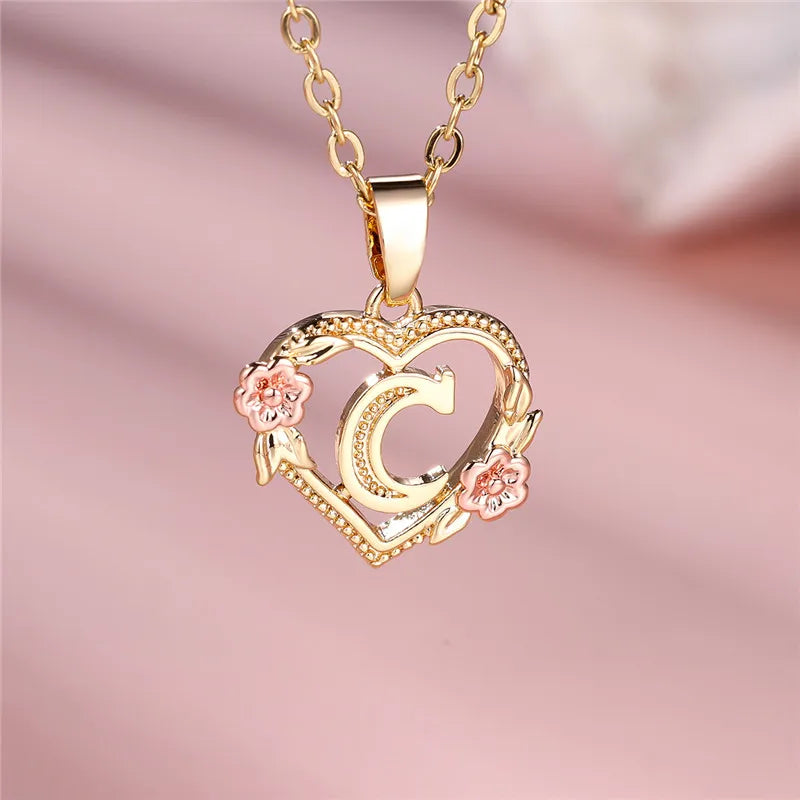 A-Z Letter Flower Pendant Necklace,  Yellow Gold  Wedding Jewelry GifTS