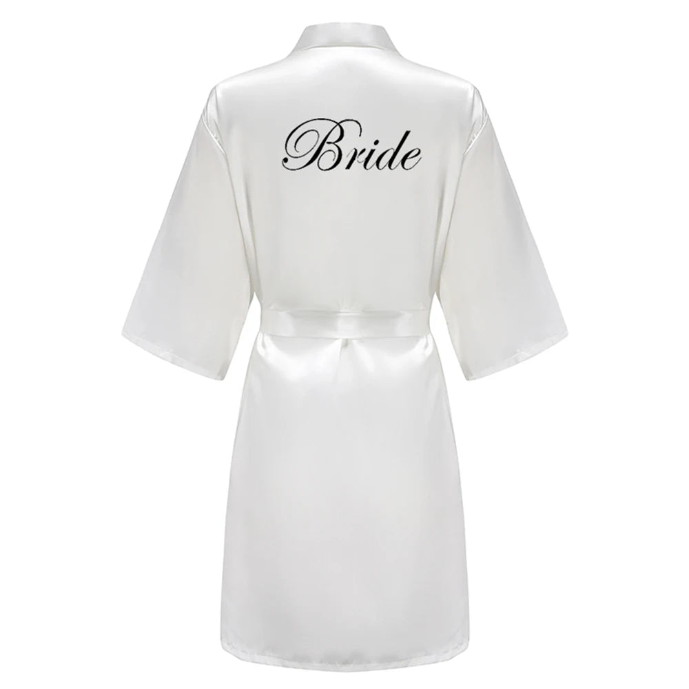 Wedding Party Team Bride Robe With Black Letters, Kimono Style Satin Bridesmaid Bathrobes