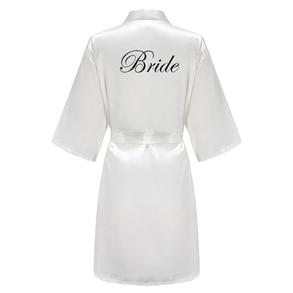 Wedding Party Team Bride Robe With Black Letters, Kimono Style Satin Bridesmaid Bathrobes