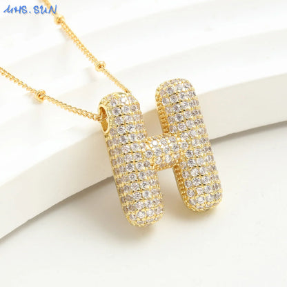 MHS.SUN Gold Plated Balloon 26 Letter Necklaces Copper Zircon Bubble Initial Pendant Chunky Women Personality Chain Jewelry