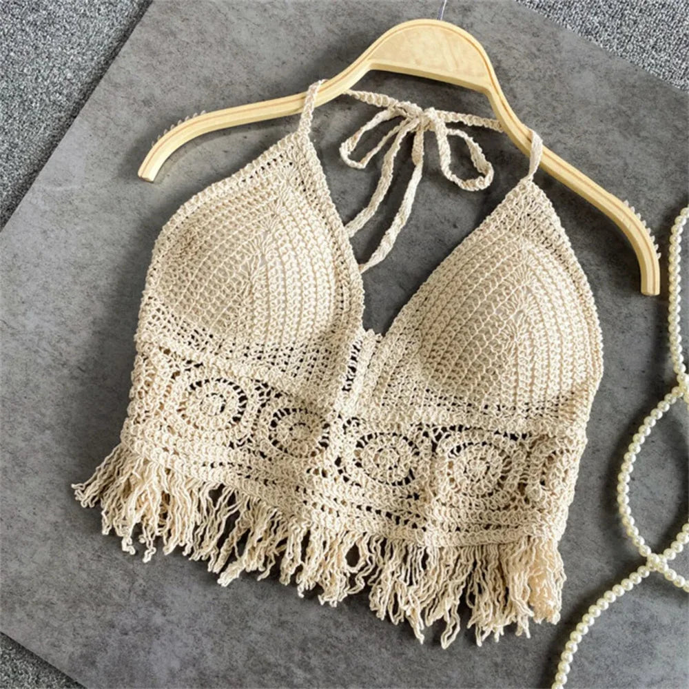 Women's Boho Fringe Backless Halter  with Tie Neck. Underwear /Outerwear with Neck Hanging Embroidery Tassel Suspender Short Tank WHITE is all gone.  Good stock  numbers on BEIGE Color.