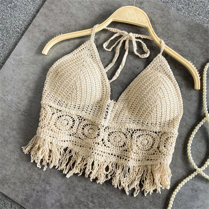 Women's Boho Fringe Backless Halter  with Tie Neck. Underwear /Outerwear with Neck Hanging Embroidery Tassel Suspender Short Tank WHITE is all gone.  Good stock  numbers on BEIGE Color.