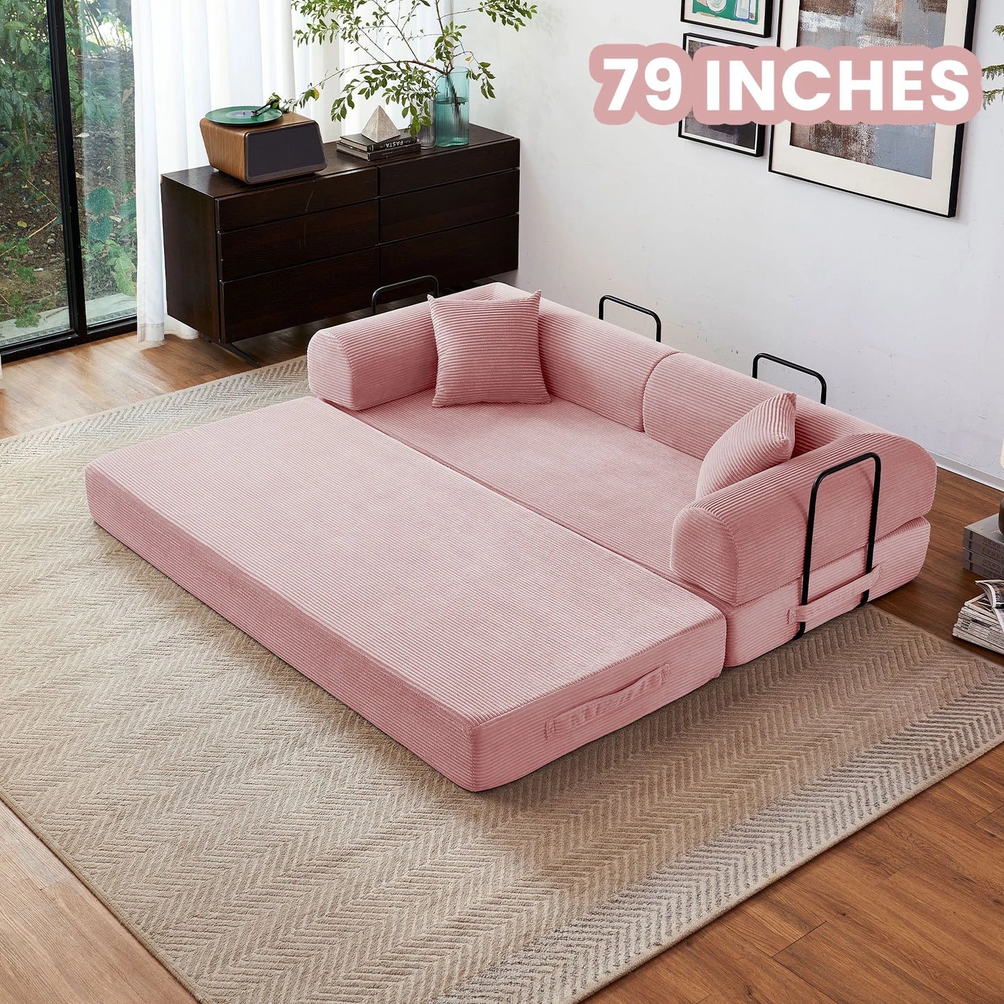 79'' Boneless Couch Foldable Convertible Futon Sleeper Sofa Bed,  Floor Lounge with L-Shaped Armrests for Living Room Sofas