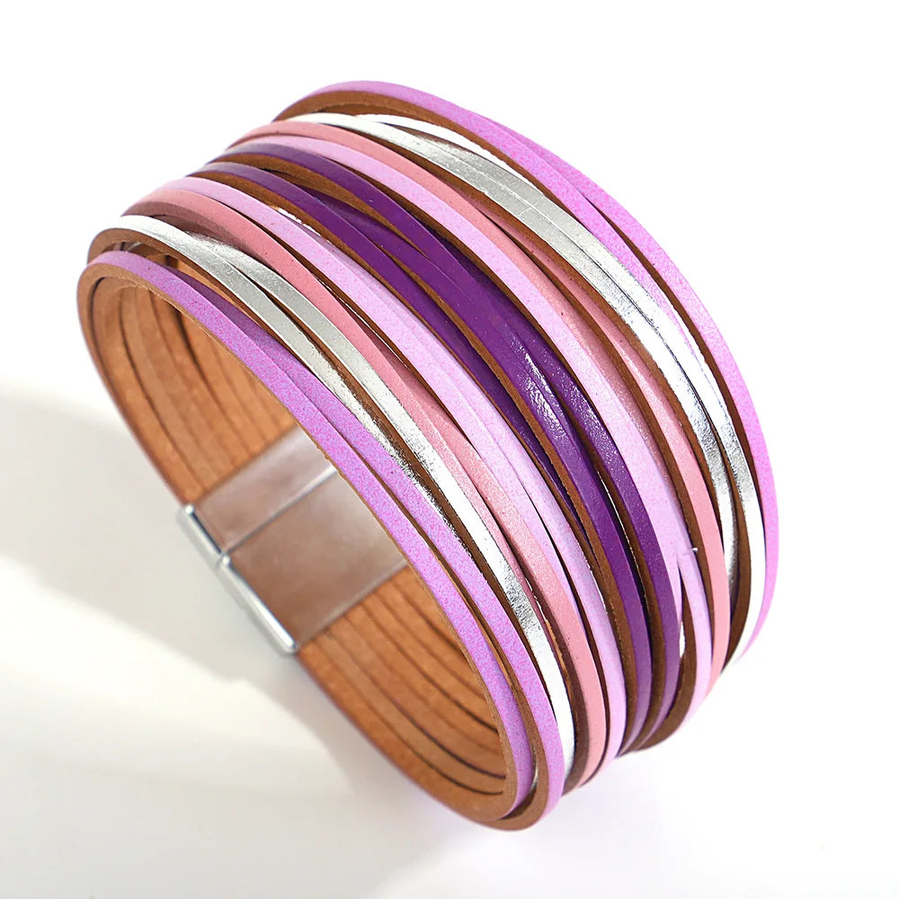 Trendy Colorful Leather Bracelet for Women /Men.   Boho Multilayer Slim Strips Wrap Wide Bangle Bracelets. Jewelry Gifts