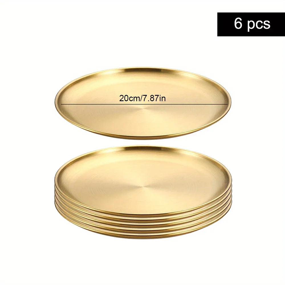 6Pcs Gold Stainless Steels Round Plate Rust-Proof Shallow Tray Plate Camping Plate,  Picnic Dishes Cookware,  There are 3 sizes left.  they are 30 cm, 26 cm, and 14 cm.  14 cm is the most available.