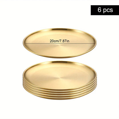 6Pcs Gold Stainless Steels Round Plate Rust-Proof Shallow Tray Plate Camping Plate,  Picnic Dishes Cookware,  There are 3 sizes left.  they are 30 cm, 26 cm, and 14 cm.  14 cm is the most available.