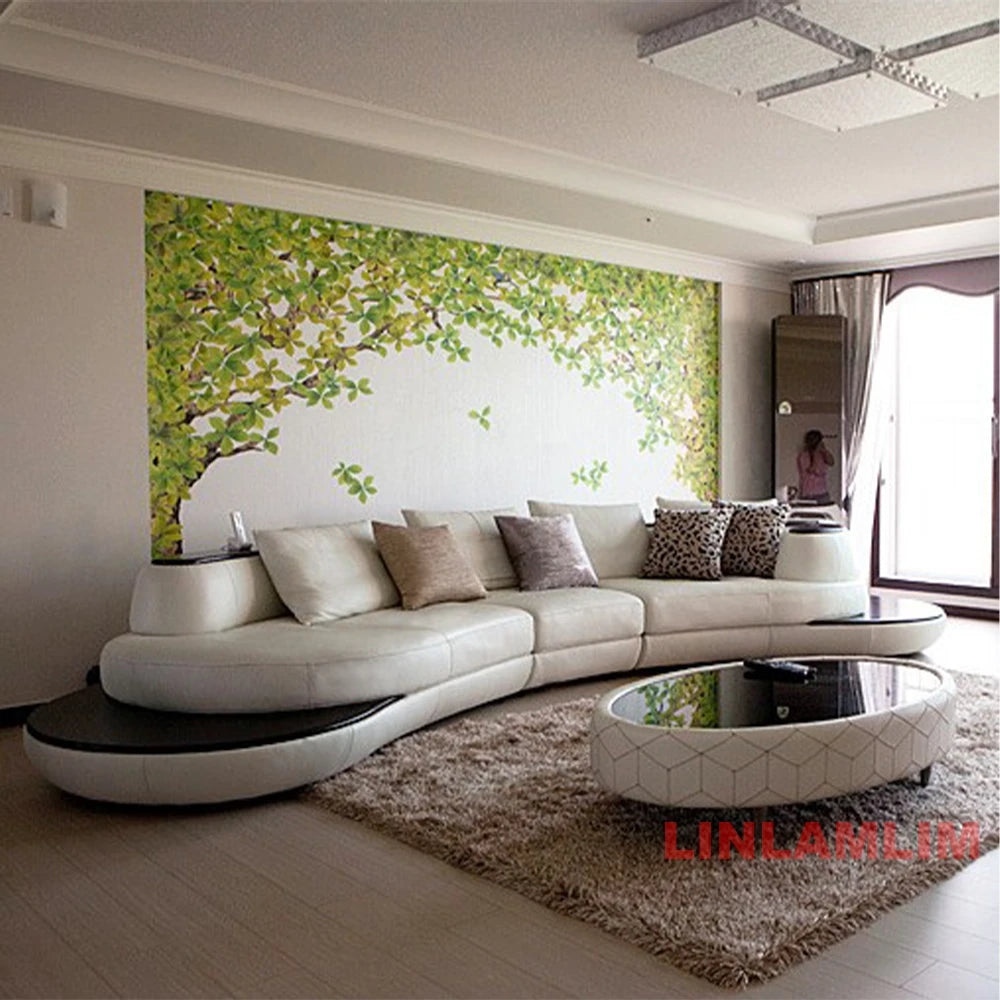 Luxury Modern Curved Genuine Leather Sofa Sectional Couch.   White and Black Design Living Room,  Contemporary Home Decoration