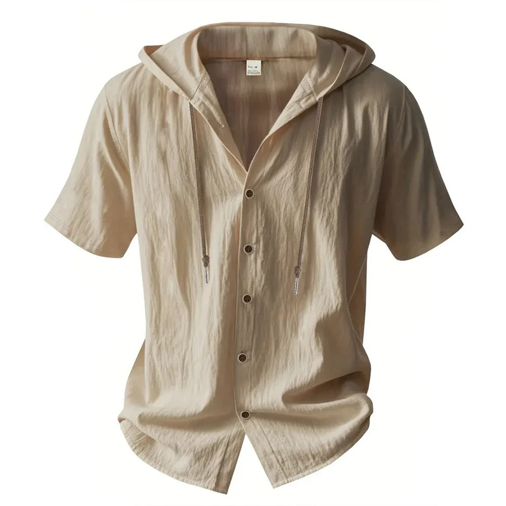 Cotton Linen Shirt for Men, Hooded,  Short Sleeve,  Solid Colors, Breathable and Lightweight with Drawstring Design.