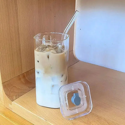1Pcs Square,  Heat Resistant Coffee /Glass Cup With Lid and Straw, Transparent