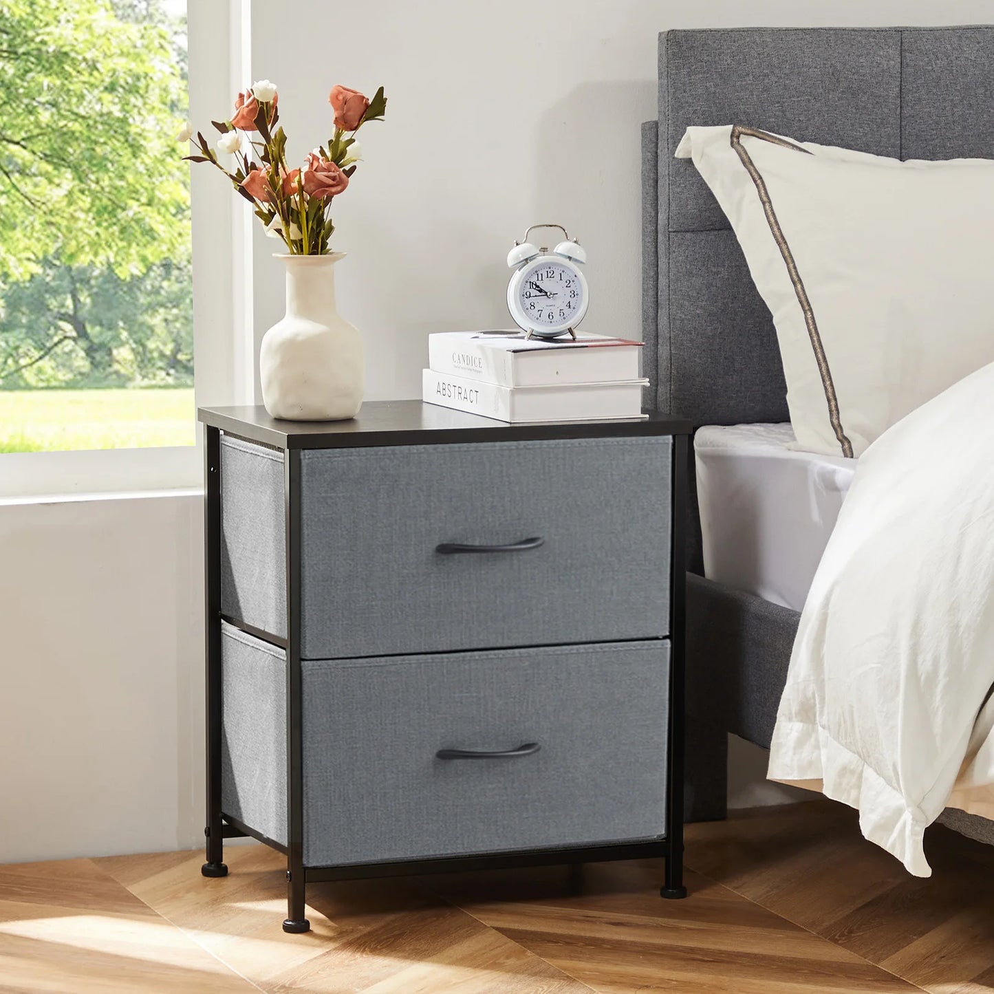 Bedside Nightstand  for Coffee,Tea. Table Storage  for Closet,  2 Fabric Drawers.