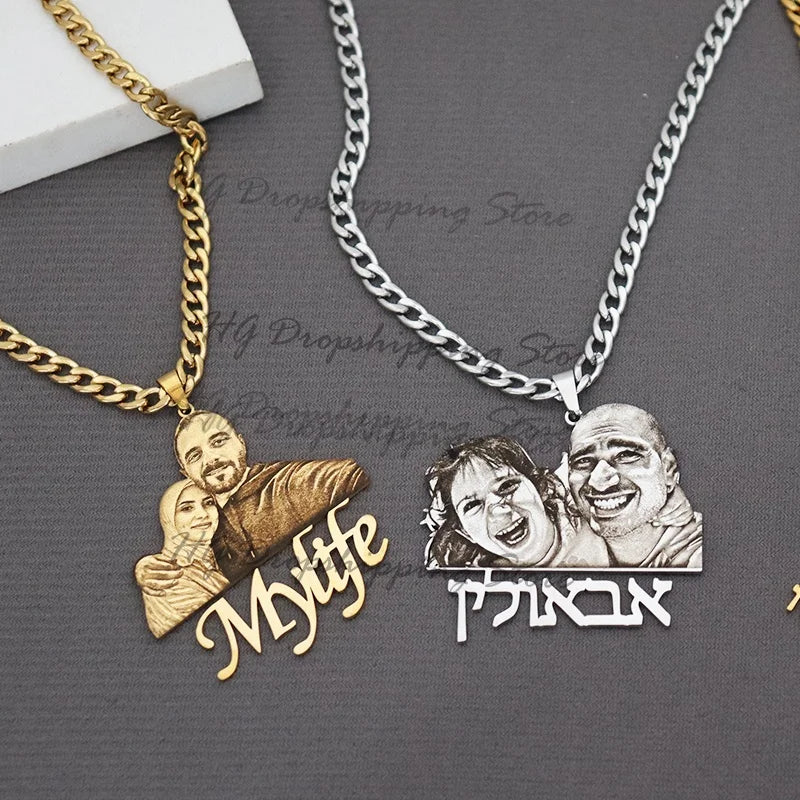 Custom Picture Nameplate Pendant, with Custom Photo Necklace,  Engraved Portrait.   Christmas Gift for Kids Jewelry Family Gifts