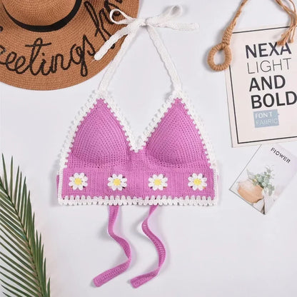 National Style Women Swimwear Top with Chest Pads Bohemian Beach Wear Outfit Crochet Hanging Neck Summer Sling Beach Vacation