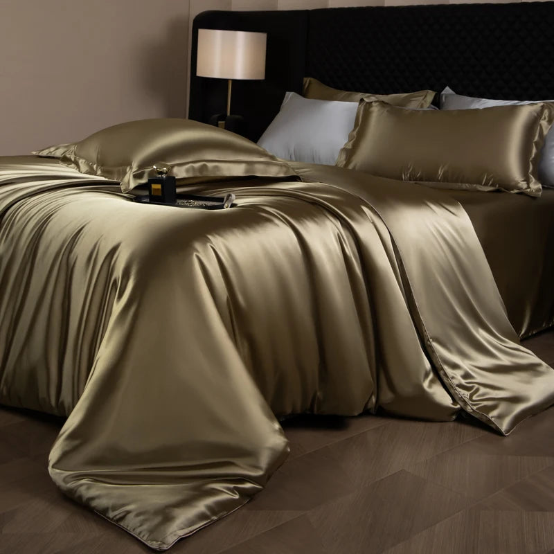 Silk Bed Sheets Set,   Luxury Bedding Set with Duvet Cover,  Fitted/Flat Bedsheet,  Pillowcases, Mixed with Rayon, King /Queen/ Full T/win