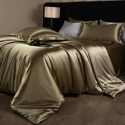 Silk Bed Sheets Set,   Luxury Bedding Set with Duvet Cover,  Fitted/Flat Bedsheet,  Pillowcases, Mixed with Rayon, King /Queen/ Full T/win