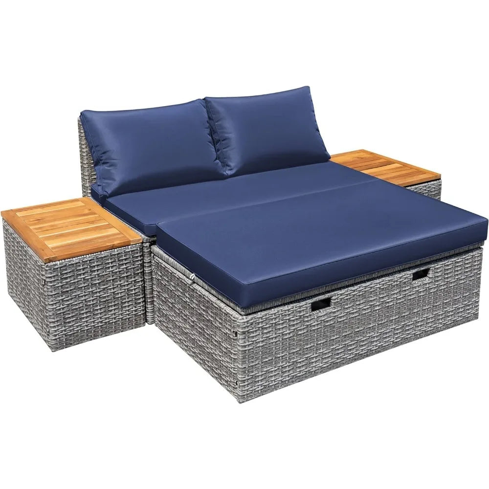 Patio/ Day Bed /Outdoor Daybed Set,  Multifunctional Rattan Lounge with 2 Side Tables for Backyard Porch,  Poolside,  Lawn, Beach