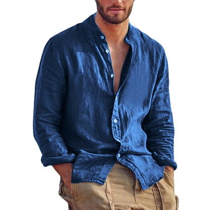 Men's Solid Colors with  Long Sleeve Shirts.  Linen/  Cotton  Trend.   Plus-sizes, Stand-up Collar,  Casual Lightweight.