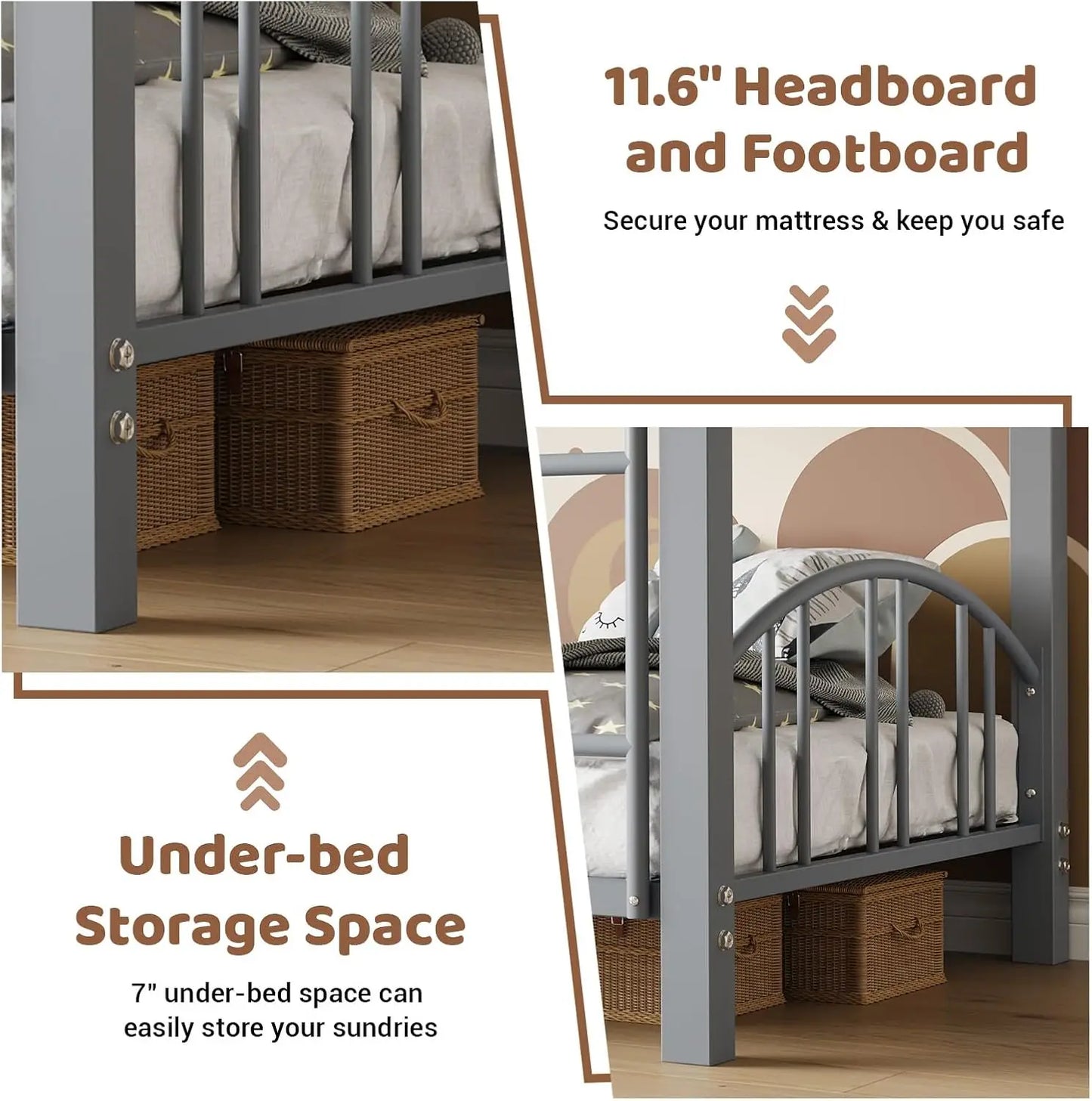 Metal Loft Bed Bunk Beds,  Twin Over Full Size with Heightened Safety Guardrail & Ladder, for School, Bedroom, Twin Size Grey