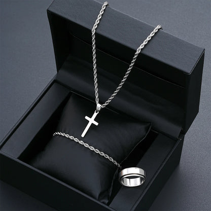 Stainless Steel Simple  3 piece Jewelry Set For Men /Women.  Fashion Silver Color,  Cross Pendant,  Twisted Rope Necklace and Bracelets with Ring Gift.