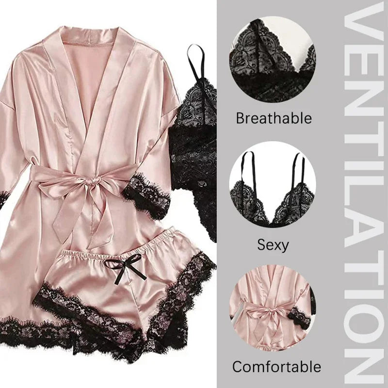 4 Pieces of Womens Sleepwear. Pajamas Set With Robe Sexy Lace Lingerie including 3 more Silk Satin Home  Nightwear.  HAPPY MOTHERS DAY!!!
