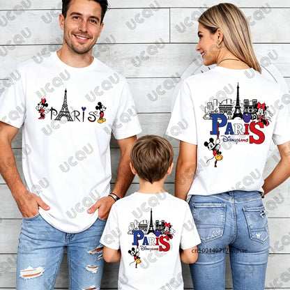 2026 Summer Mickey & Minnie Love Paris Print Mom and Dad Children Cotton T-shirt Short Sleeve Parent-Child Tees Casual Tops.  GREAT FATHERS DAY Gift   whether your taking that trip to Paris, or just wishing.