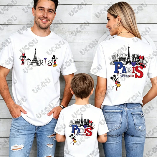 2026 Summer Mickey & Minnie Love Paris Print Mom and Dad Children Cotton T-shirt Short Sleeve Parent-Child Tees Casual Tops.  GREAT FATHERS DAY Gift   whether your taking that trip to Paris, or just wishing.