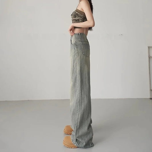 High Waist,  Straight Leg,  Loose Fit Women's Jeans.   Striped Color Design,  Vintage American Style,  Floor Length for Spring /Autumn,Wide Leg
