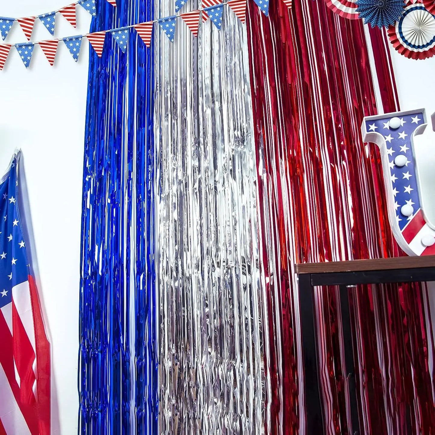 Patriotic  Decorations, Red White and Blue  Streamers, Foil Fringe Curtains Photo booth Props,  Party Backdrop.  Different lengths offered